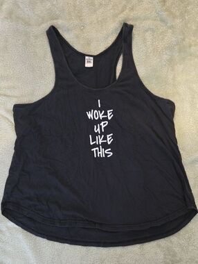 Black Graphic Racerback Tank Top with "I Woke Up Like This" Print
